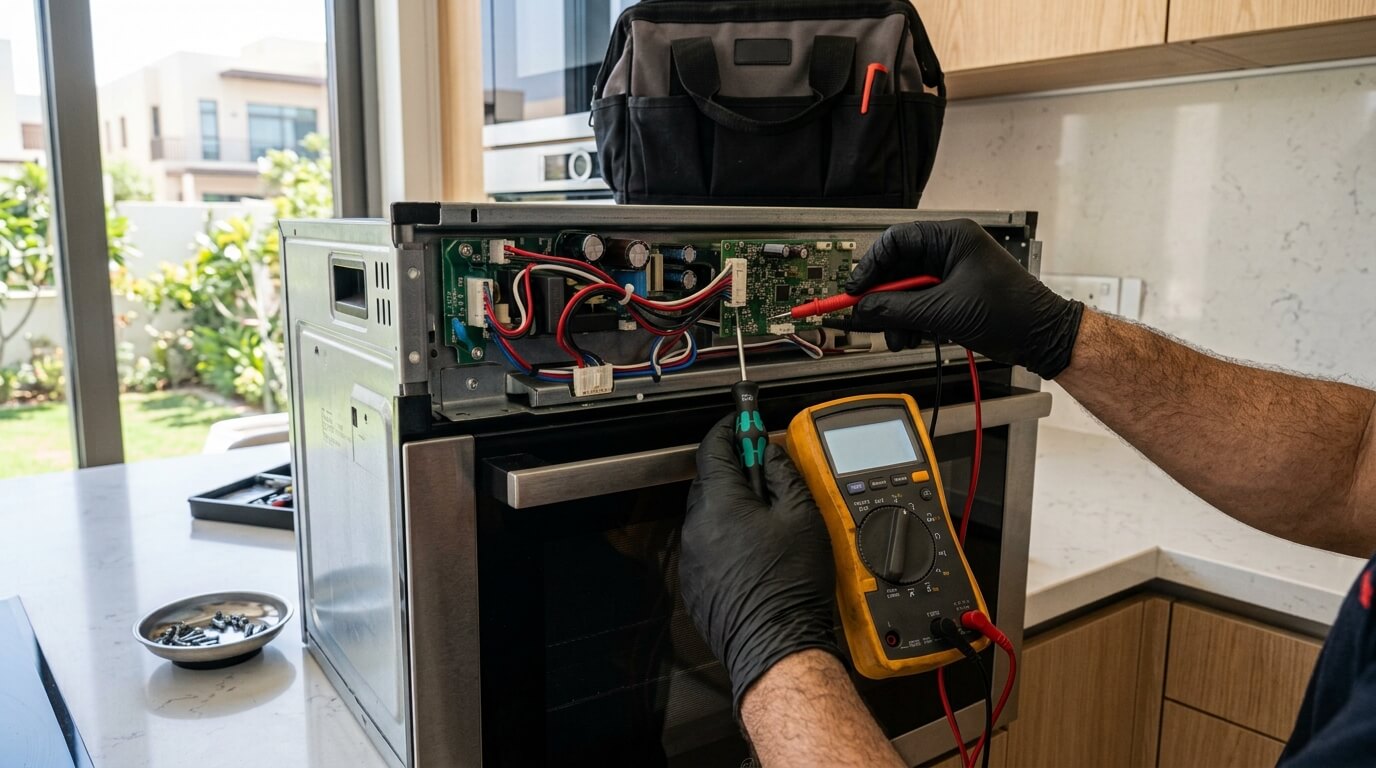Close-up appliance diagnosis and repair work